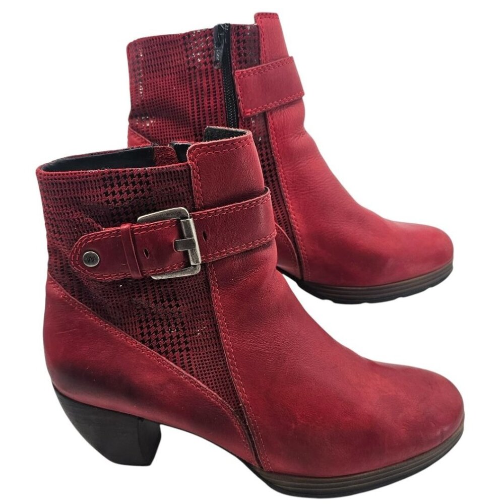Wolky Womens 42 Red Leather Herringbone Heeled Ankle Boots